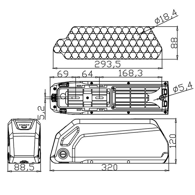  Hai Chuang SSE-151 18650 10S6P 13S5P Downtube type e bike battery box 65pcs Cell Electric bike battery casing